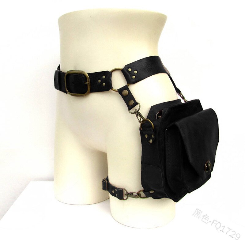 Unisex medieval Leather Rivet Leg Bag Steampunk Retro Rock Waist Belt Bag Crossbody Waist Bags Phone Pouch: black