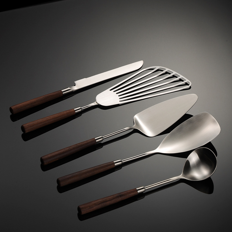 Pala de utensilios de cocina de acero inoxidable 304 de nogal, cuchara pequeña, pala voladora, cuchillo para pastel, espátula, herramientas de cocina, antiescaldado