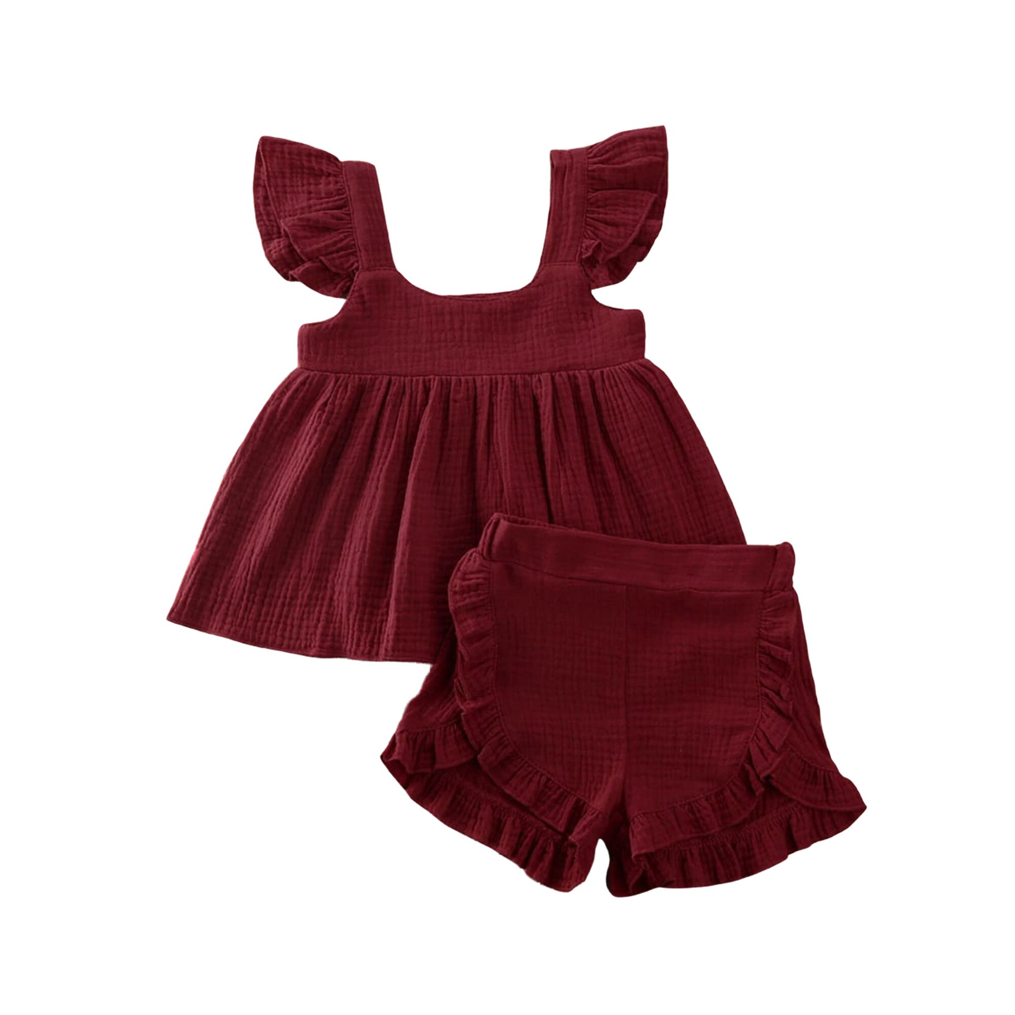 Vêtements d'été pour bébés, ensemble de 2 pièces pour bébés filles, en coton et en lin, chemise hauts haut et short en PP, tenue de soleil solide, tendance: Rouge / 18M