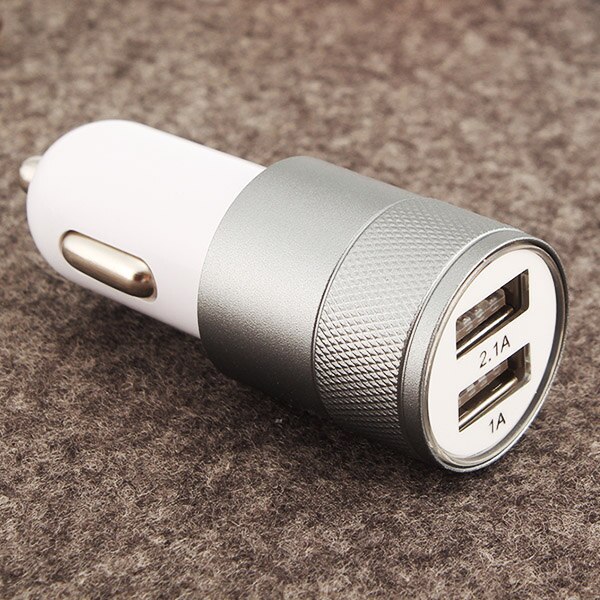 Cargador de coche USB doble, cargador plano de Metal para teléfono móvil, carga Universal de 2,1 V, cargador de coche de cañón de acero pequeño: silver