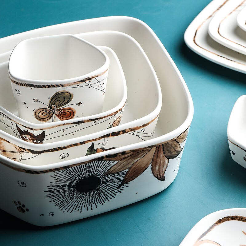 Tazones de cerámica con dibujos de gatos, vajilla y platos para el hogar, sopa, fideos, fruta, carne, porcelana, plato especial, juego de vajilla