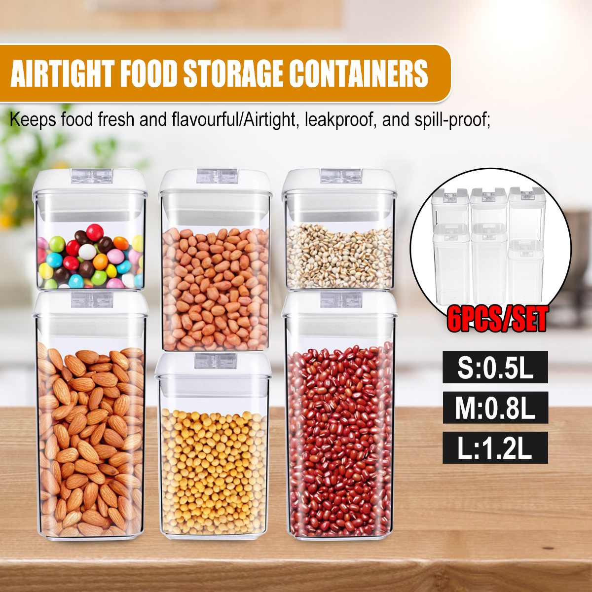 6Pcs Dry Food Storage Box Food Containers Transparent Stackable Kitchen Spaghetti Noodles Sealed Tank Cans Organizers Bottles