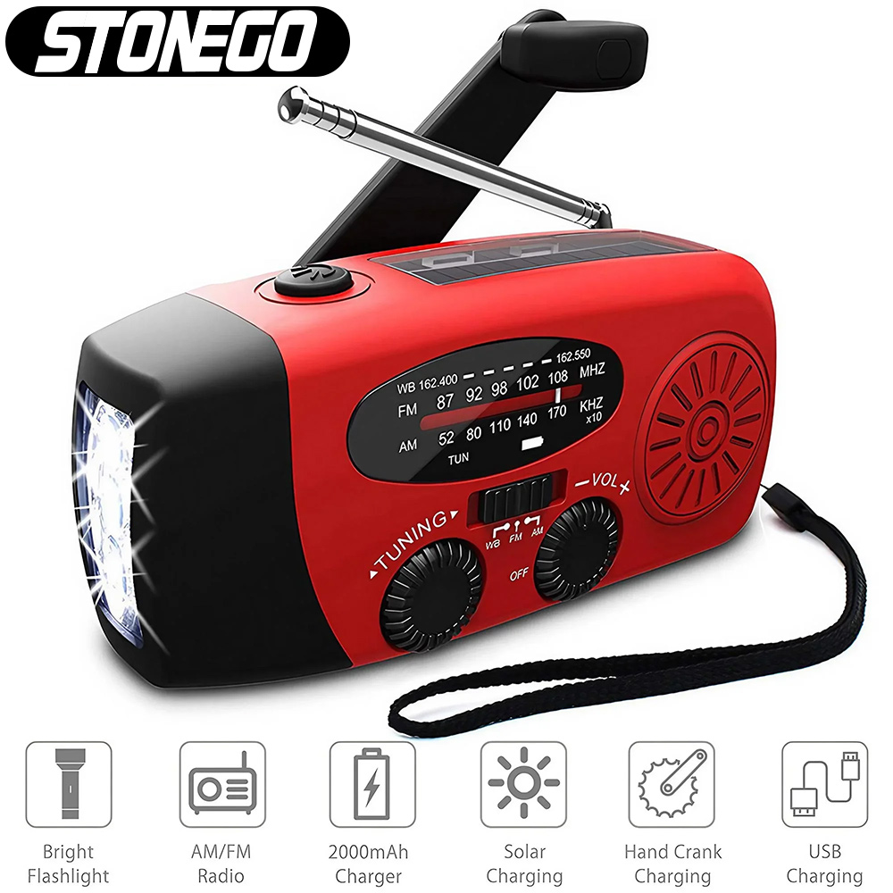 Radio portatile multifunzionale Manovella a energia solare FM AM WB NOAA Radio meteorologica Torcia LED di emergenza Torcia elettrica Accumulatori e caricabatterie di riserva