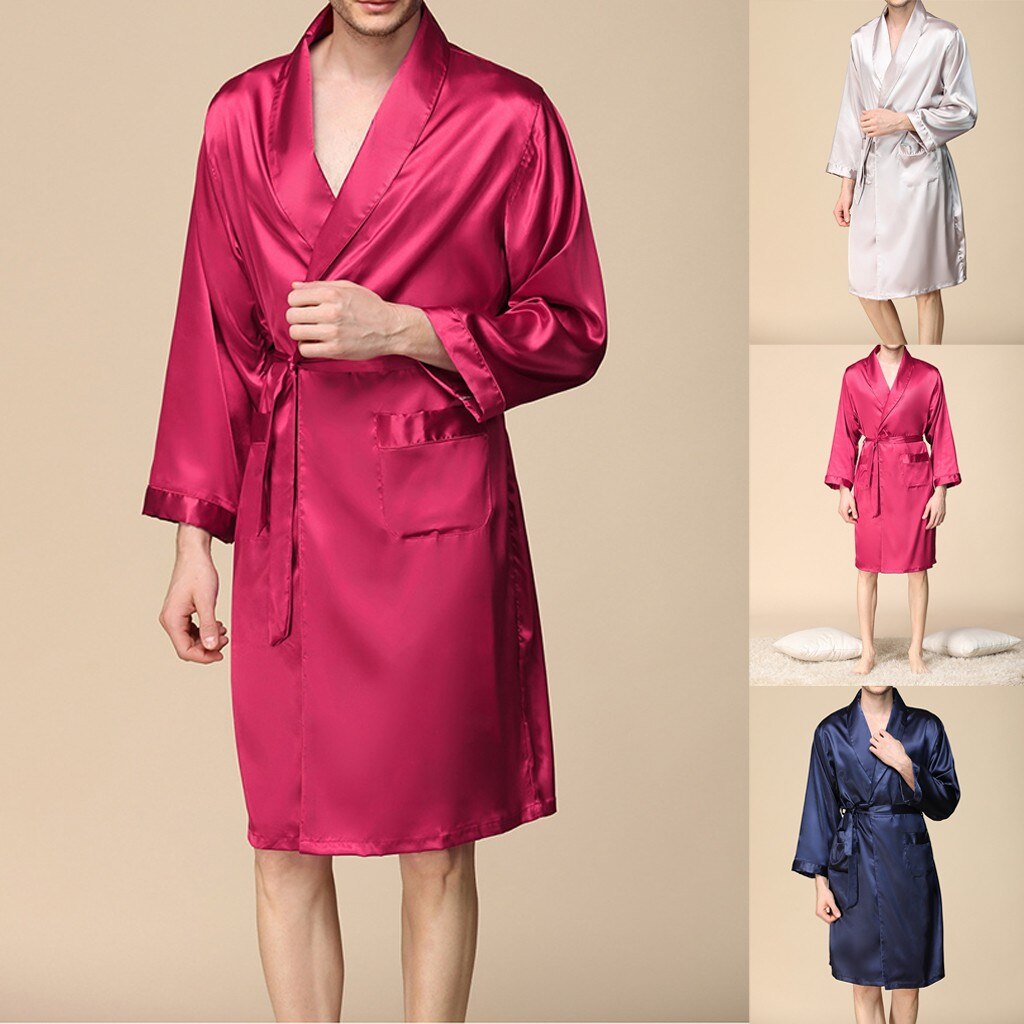 Homme Satin de soie peignoir Robe longue solide soie pyjama hommes soie chemise de nuit vêtements de nuit kimono homme amant Robe de chambre