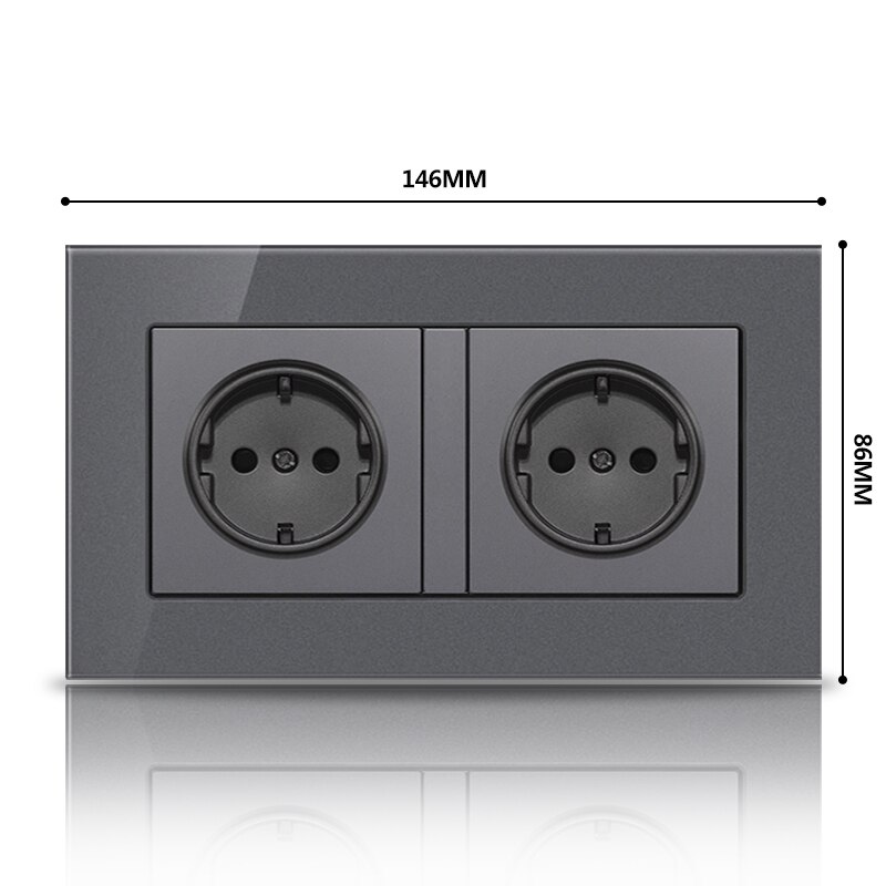 PSSRISEWall Crystal Glass Panel 146*86 Multi Way Power Socket Plug Grounded 16A EU Standard Electrical Outlet Double Socket stri: grey