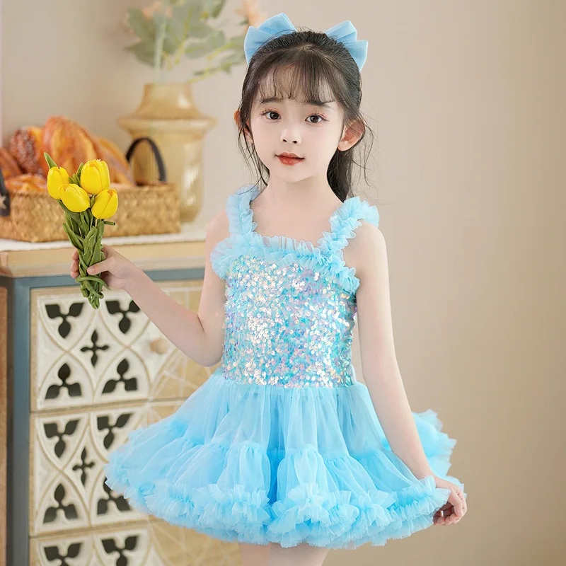 Falda de tul estilo princesa, bonito vestido de actuación para niña, ropa de verano para niños, vestido de baile de cuento de hadas, traje para niña pequeña: Azul / 12 meses