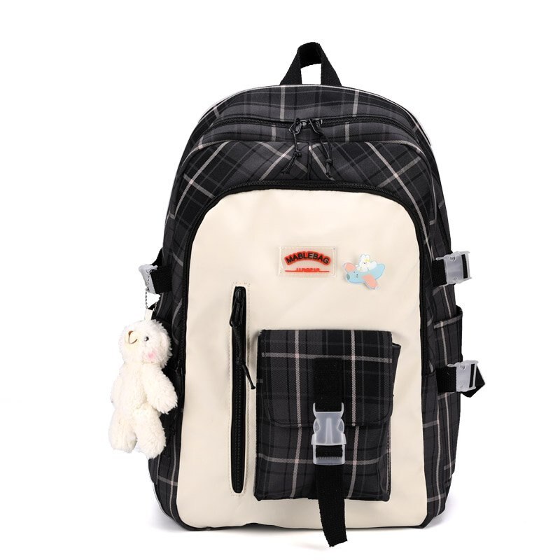 Mochila con patrón a cuadros de gran capacidad para estudiantes, bolso escolar Morado para chicas, mochila de viaje para el Campus: Negro / With-Accessories