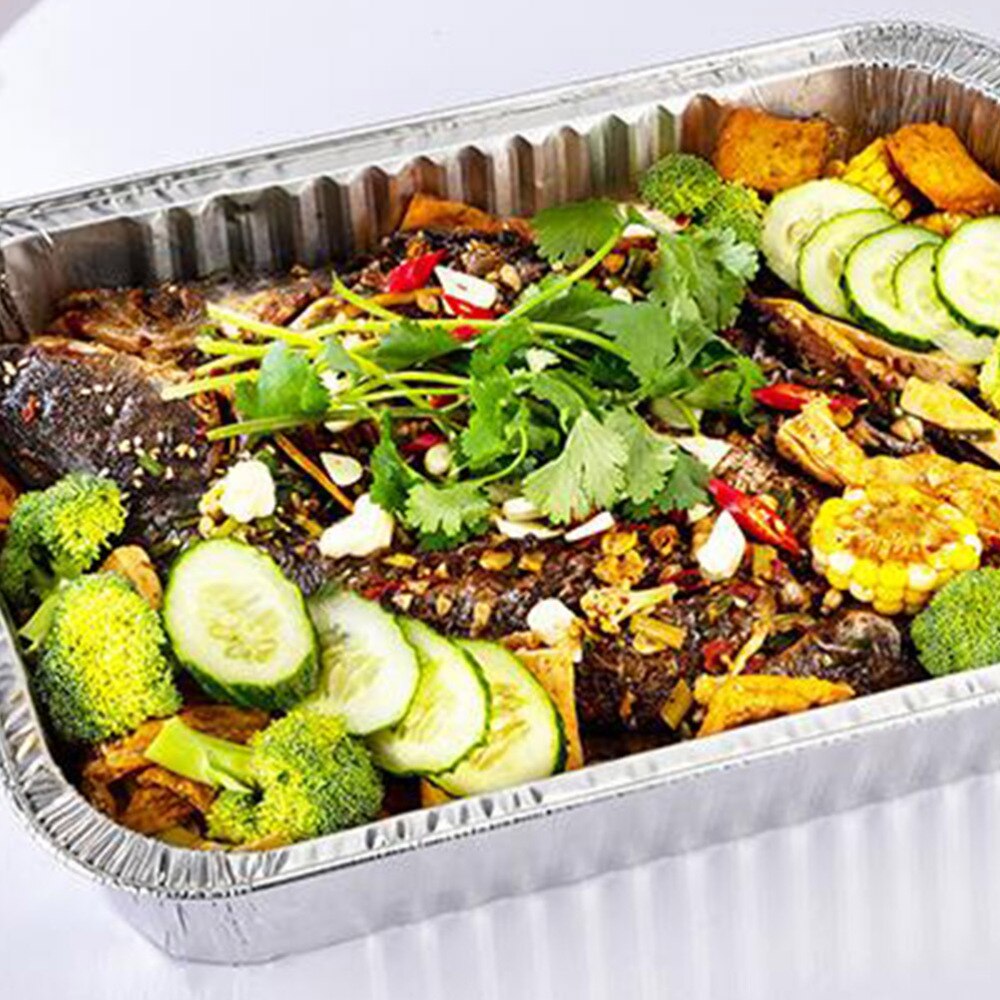 4pcs Disposable BBQ Drip Pan Aluminum Foil Tin Barbecue Pan Food Container Liner Trays Takeaway Packing Box with Cover(3500ml 3p