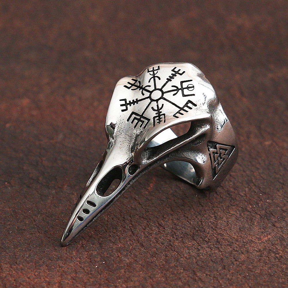 Vintage Odin Crow Skull Men&#39;s Ring Gothic Stainless Steel Compass Rings For Men Viking Accessories Valknut Ring Amulet Pattern