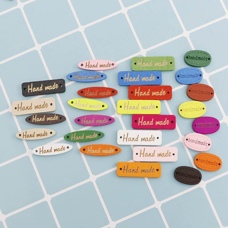 50 Pc Tags Hout Knop Rechthoek Ronde "Hand Made" Houten Knoppen Naaien Accessoires Voor Kleding Scrapbooking Craft Diy kledingstuk