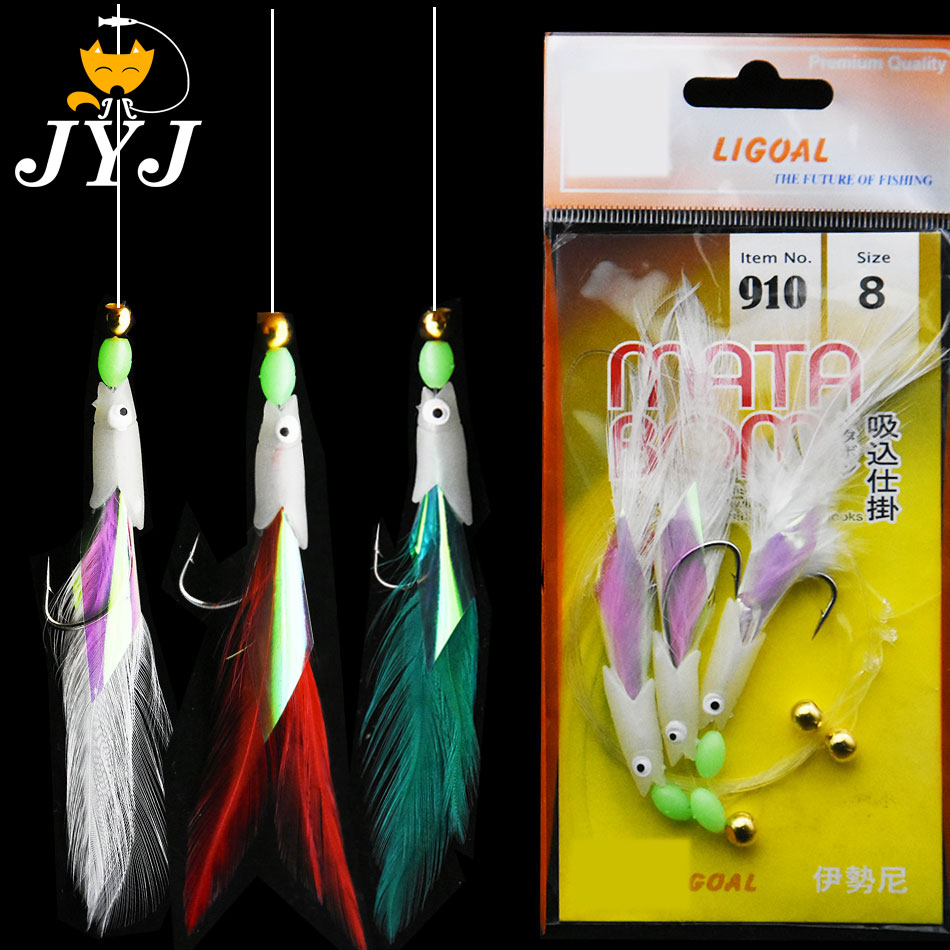 JYJ 3-Haken/Set leuchtender Fischkopf-Angelköder, Einzelhaken, Tack-Köder, Jigs, Wurmfischen, Sabiki-Schnurhaken