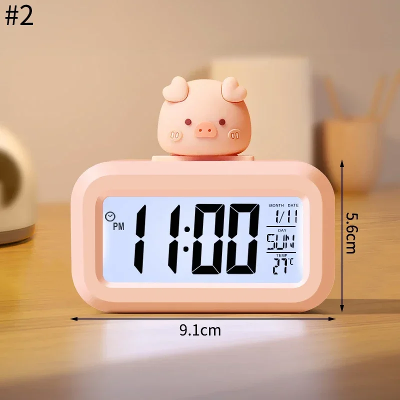LED Digital Clock Cute Kawaii Rome Decor Cartoon Pig Alarm Clock with Night Light Room Cute Watch Bedroom Bedside Ornaments: WHITE
