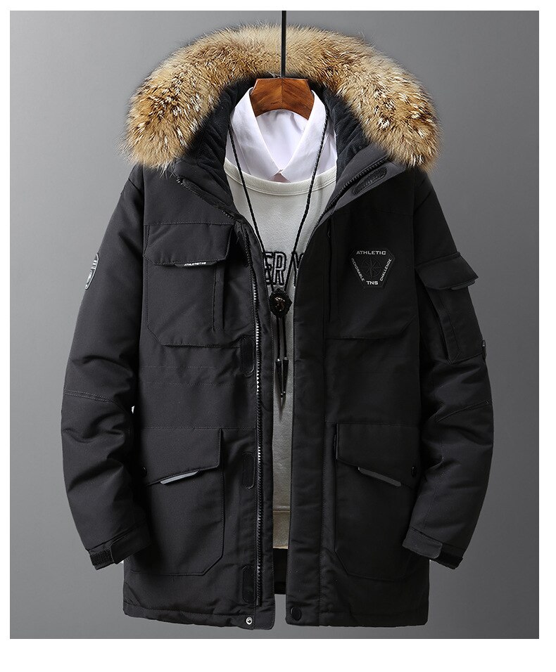 Merk bontkraag winter herenjas 3xl winddicht waterdicht 90%  witte eendendonsjas heren dikke warme heren donsjassen bovenkleding: Zwart / Xxxl