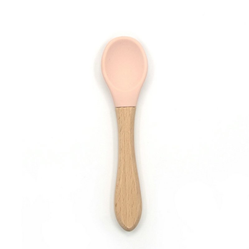 2PCS Baby Bamboo Training Spoons Organic Soft Baby Feeding Silicone Tip Spoon Scoop Easy Grip Handle Toddlers Infant: peach