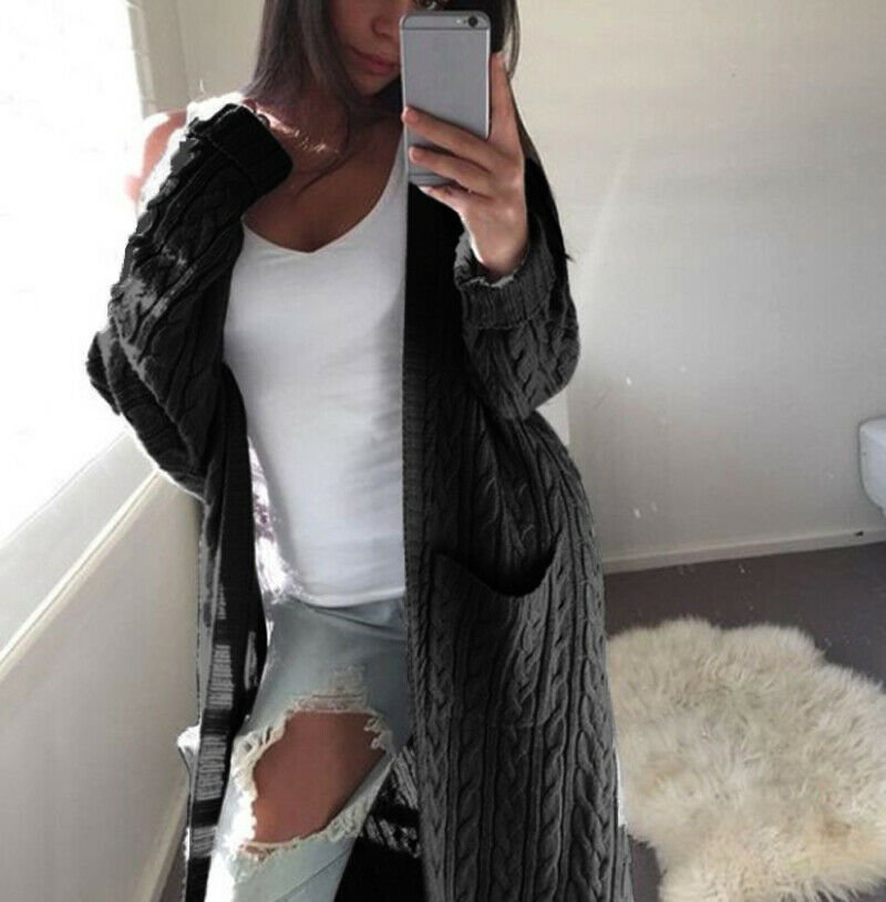 femmes tricoté gros Cardigan pull ouvert avant poche manteau hiver décontracté Long pull manteau veste hauts: Black