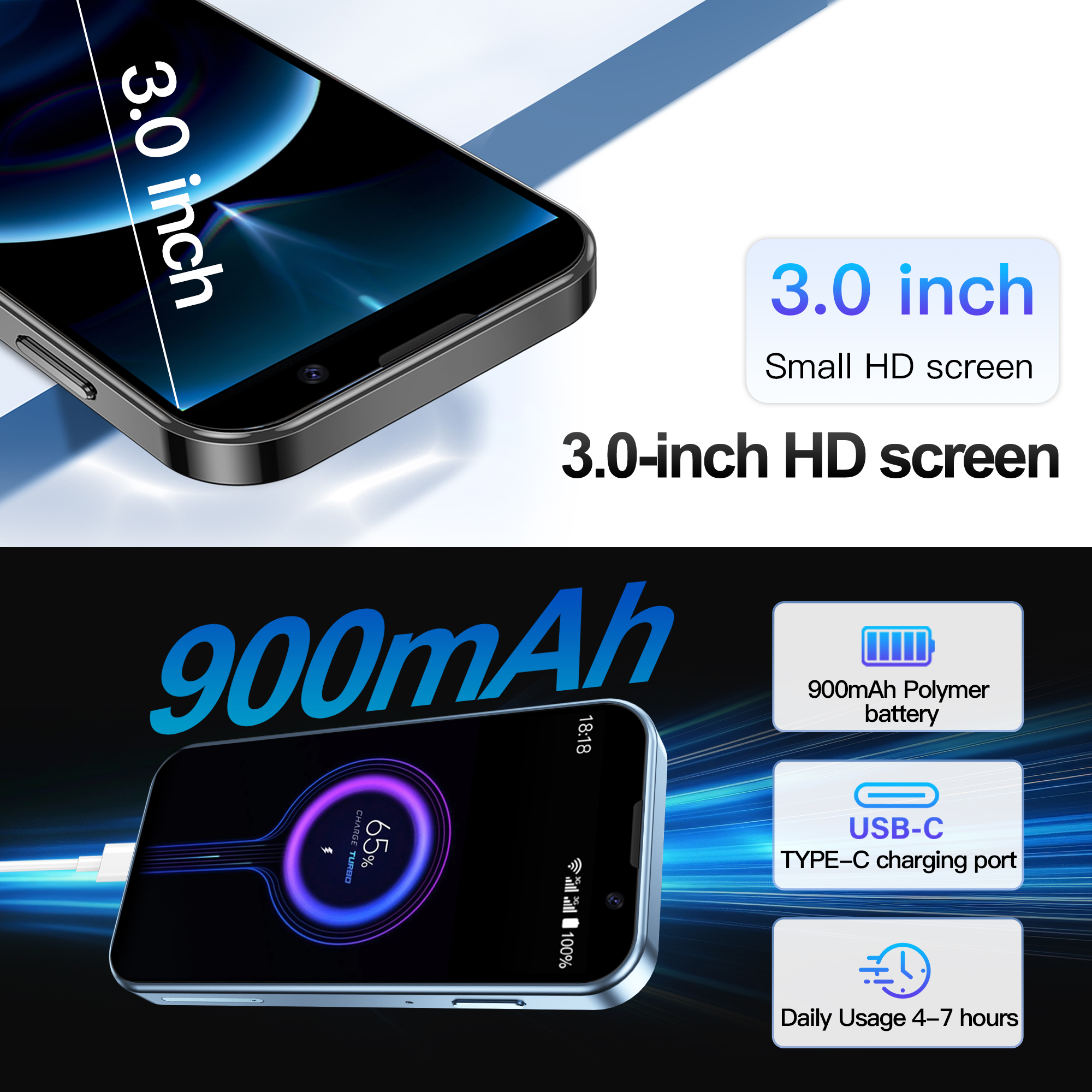 SERVO-Mini-Smartphone, 3,0-Zoll-HD-Anzeige, Android 9.0-praktisch, 2 GB + 16 GB, Gesicht-Entriegelung, 3G-Mobilfunk-GPS, kleine Smartphones