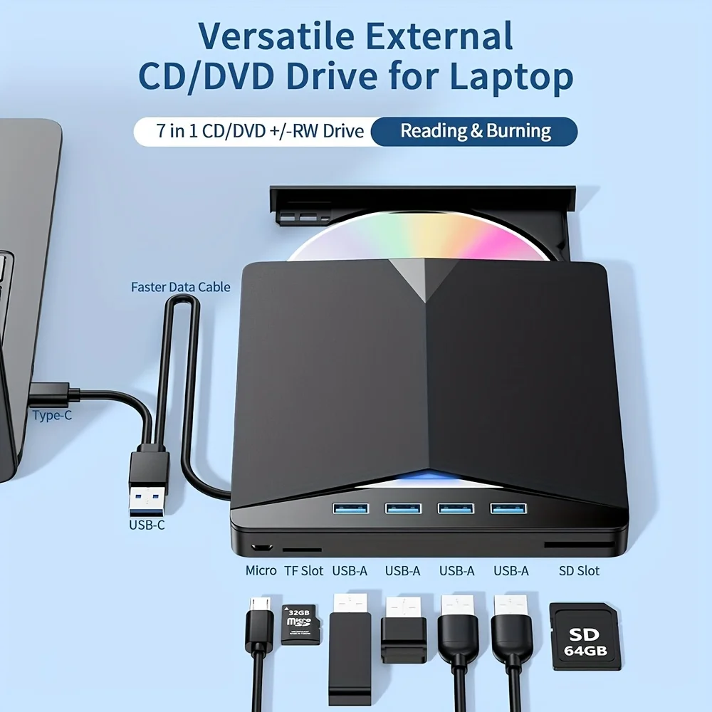 7-in-1 USB 3.0 Typ-C Externer DVD RW CD-Brenner Optisches Laufwerk Leser Player Tray Typ DVD-Brenner für PC Laptop Desktop iMacs