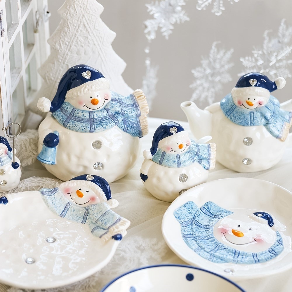 Blue Snowman Plates Christmas Home Decor Snack Dishes Kitchen Utensils Tablware
