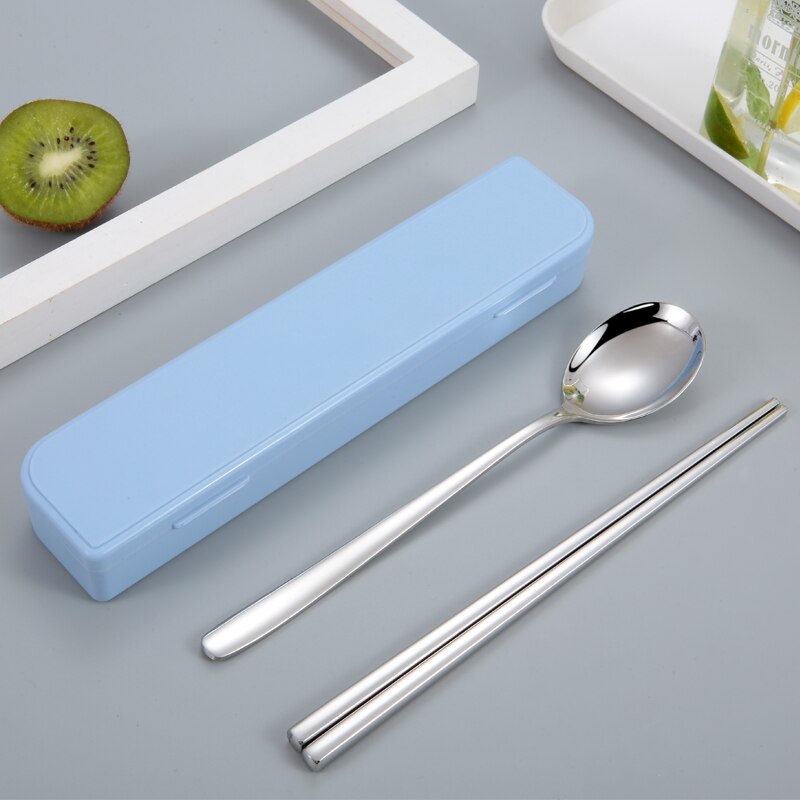 304 ruostumatonta terästä korea astiasto lusikka syömäpuikot laatikko astiasto matka ruokailuvälinesarja kannettava astiasto: Sininen 2 kpl