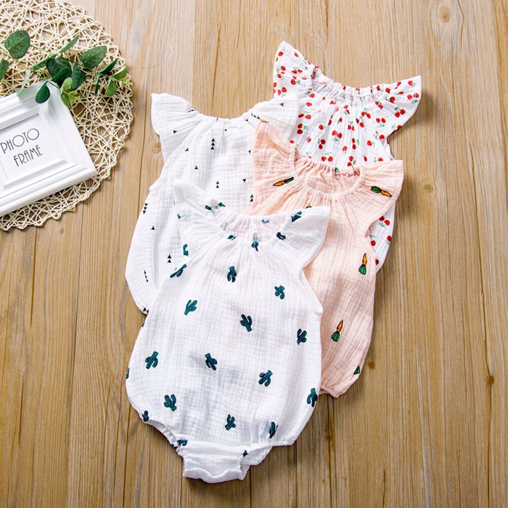 Bomuld linned baby piger romper tøj sommer blomsterprint flue ærmer småbørn børn jumpsuit one-piece outfits soldragt tøj