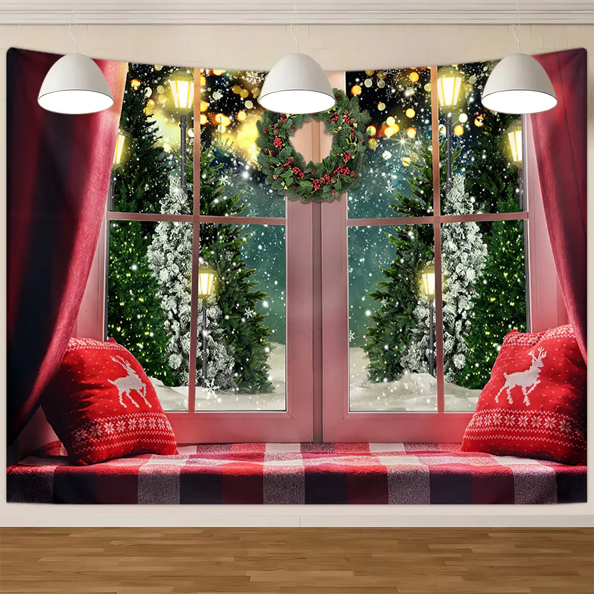 1 tapiz de Navidad árbol paisaje nevado ventana tapiz evento fotografía fondo tela dormitorio sala de estar 180X320CM: 1.700 mm x 2.400 mm / Verde militar
