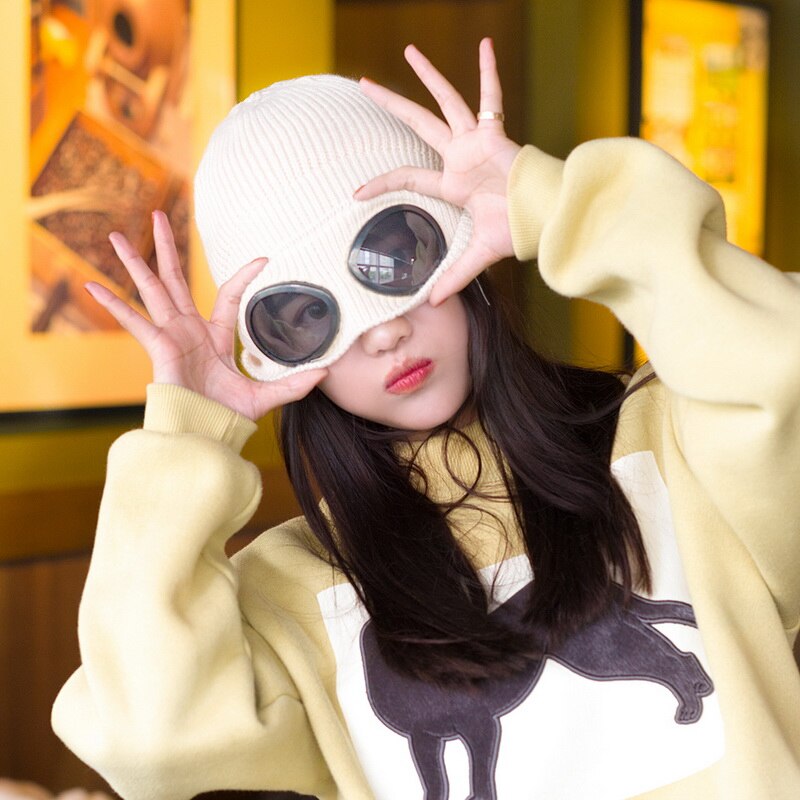 Dihope winter warme gebreide mutsen unisex volwassen winddichte skimutsen met afneembare glazen dikke sport multifunctionele