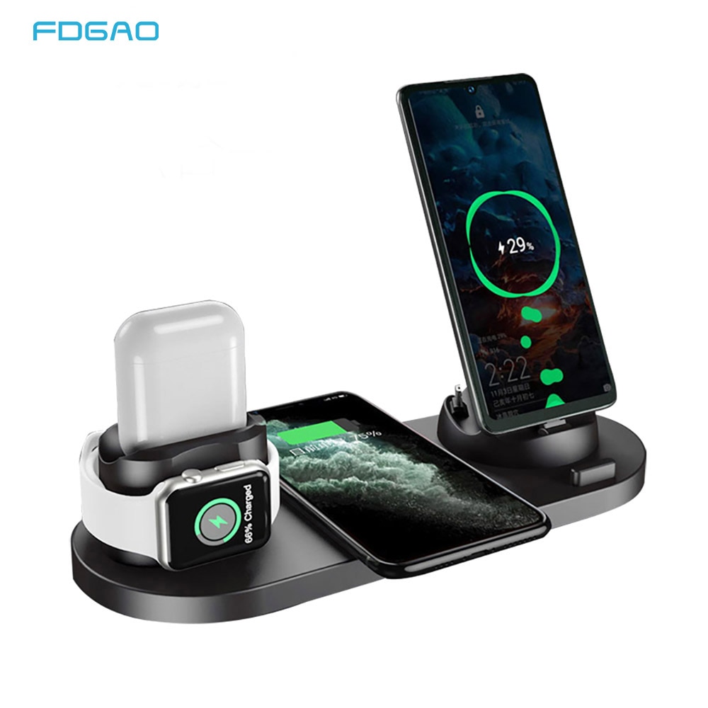 FDGAO 6 in 1 10W Fast Wireless Charger Desktop Docking Station For iPhone 11 Pro XR XS Max X 8 Apple Watch 1 2 3 4 5 AirPods Pro