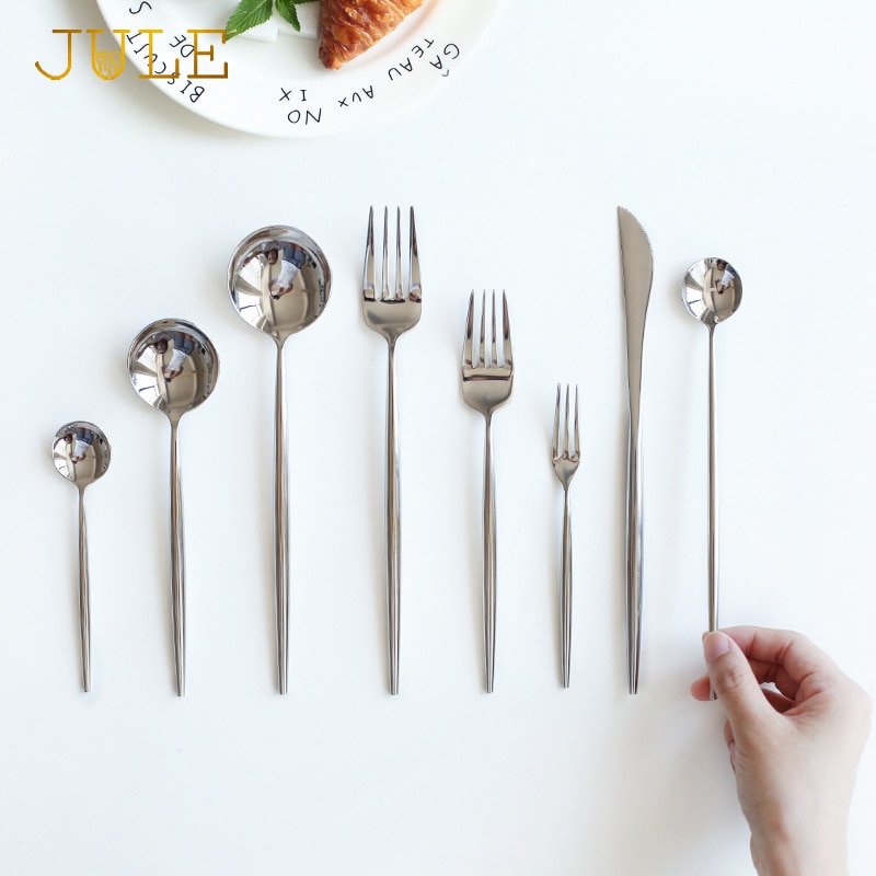 8-pieces Good Mirror Flatware Set 18/8 Stainless Steel Black Dining Knive Forks Scoop Cutlery Golden Restaurant Tableware Sets