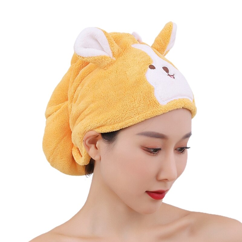Cartoon Coral Velvet Hair Towel Turban Wrap Quick Dry Shower Hat with Button Cute Dog Microfiber Super Absorbent: Yellow