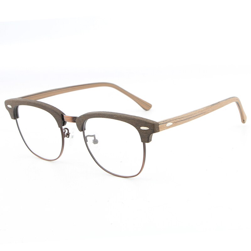 HDCRAFTER Vintage Optical Wood Glasses Frame with Clear Lens Men Women Half Frame Wooden Reading Glasses Eyeglasses Frame: Brown