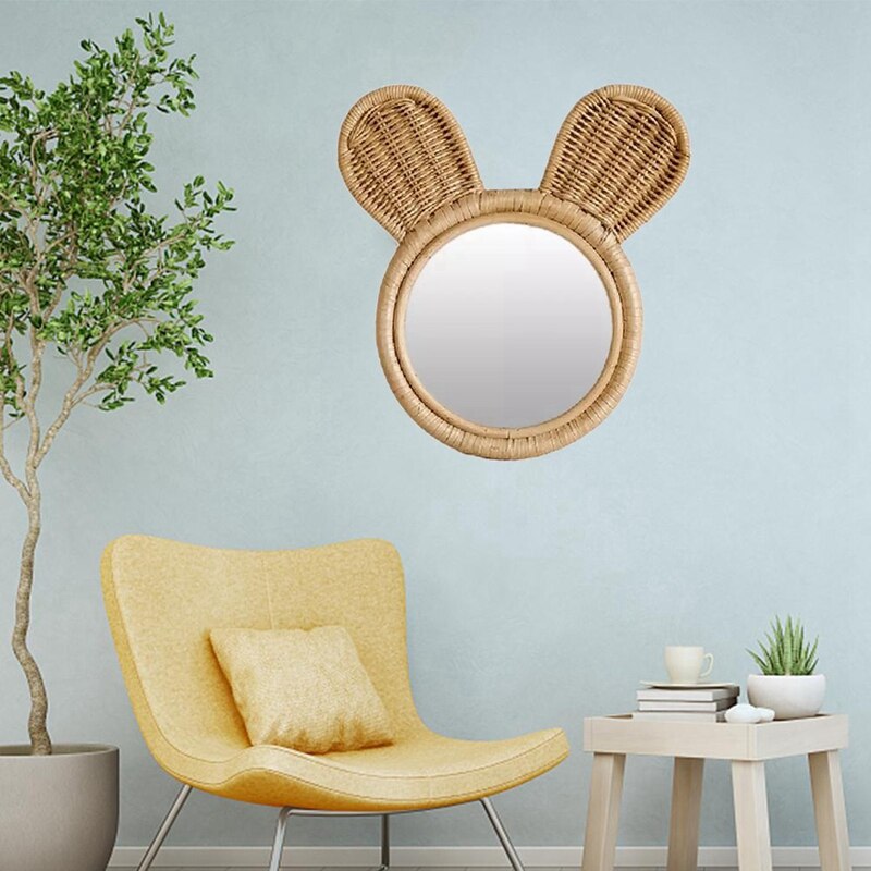 Wall-Mounted Mirror Handmade Natural Rattan Makeup Mirror Cute Monkey Shape Mirror Home Bathroom Decoration