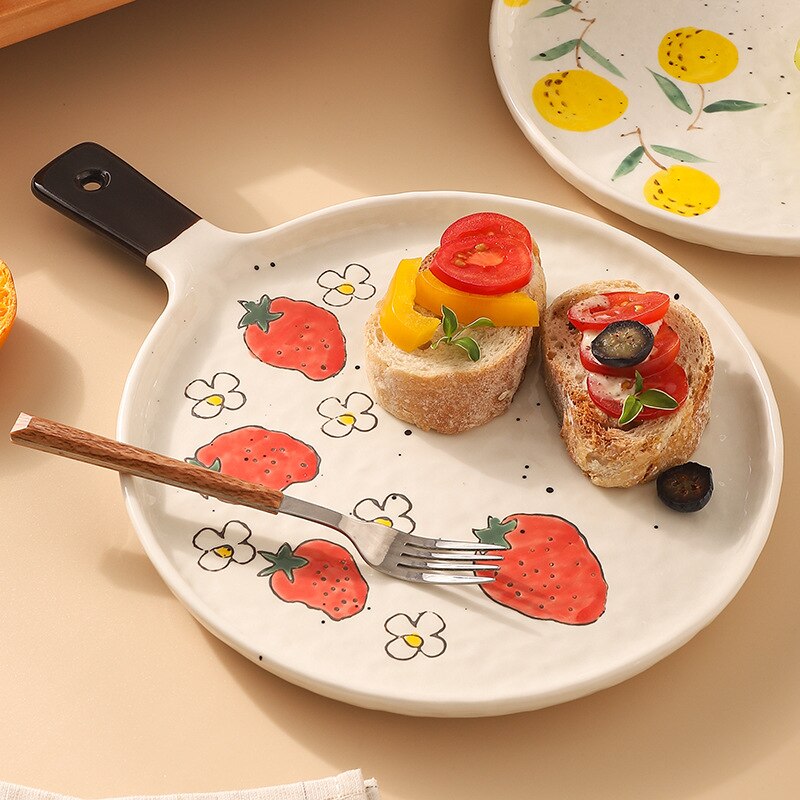 Plato de cerámica para Pizza, horno microondas, plato de comida occidental especial con mango, plato para ensalada de frutas, vajilla para el hogar, utensilios de cocina
