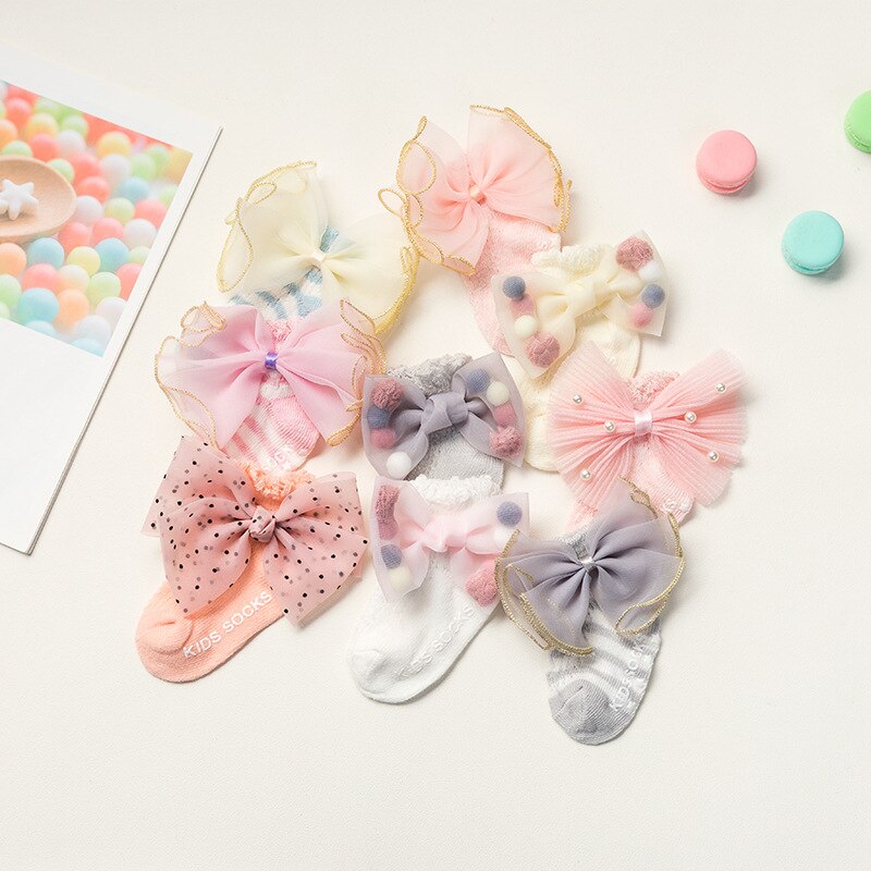 Summer Newborn Socks Bow Pompom Non-slip Baby Girl Socks Cute Lace Pearl Infant Ankle Born Socks recien nacido