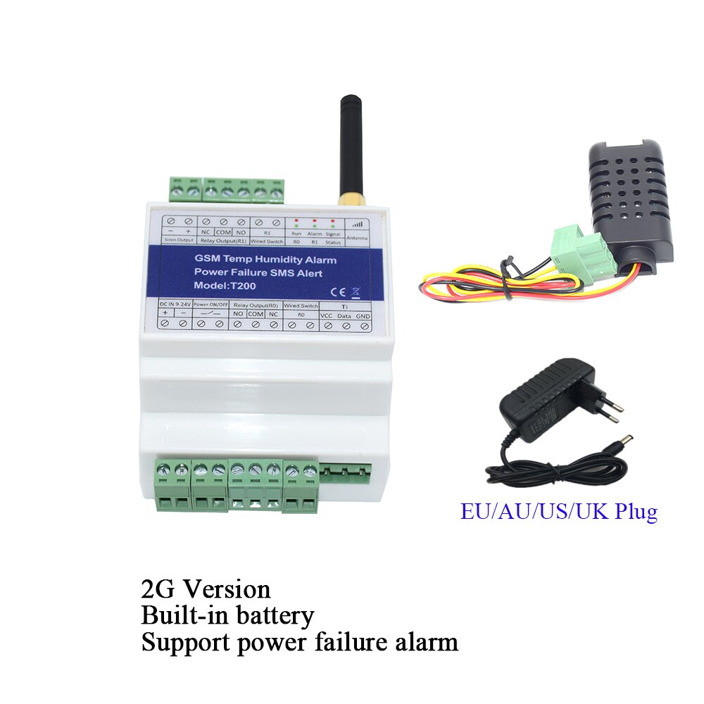 DIN-rail GSM 4G SMS Remote Control Temperature Humidity Status Monitor Alarm With 2 Relay Output Power Failure Alarm Reminder: 2G version Kit D