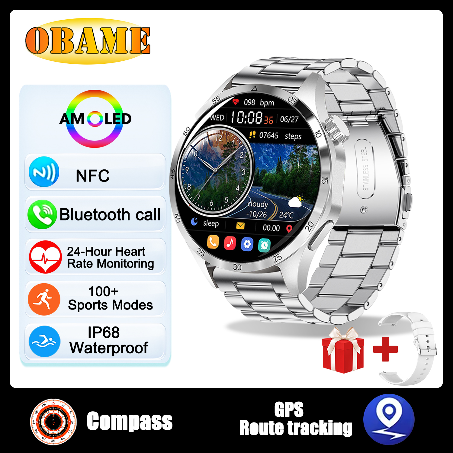 reloj inteligente clásico con GPS, pantalla AMOLED Ultra HD de 1,6 pulgadas, GPS incorporado, llamada BT, NFC, IP68, reloj inteligente resistente al agua para Android IOS: Plata