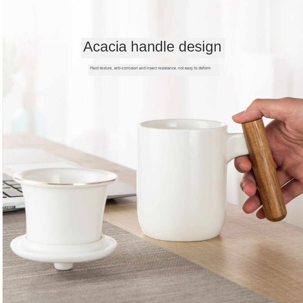 Ceramic Tea Cup Tea Mug with Lid and Infuser with Acacia Wood Handle Coffee Mug