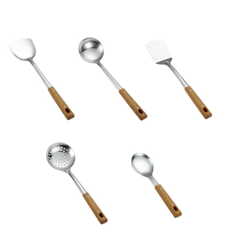 Utensilios de cocina de acero inoxidable con mango de madera, espátula, cuchara para sopa, pala para freír, suministros de cocina para el hogar, 5 piezas