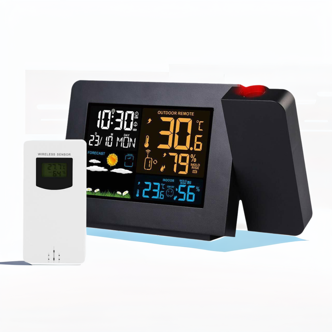 Elektronische Projektionsuhr, Wetterstation, Wettervorhersage, Temperatur und Luftfeuchtigkeit, Farbbildschirm, digitaler Wecker