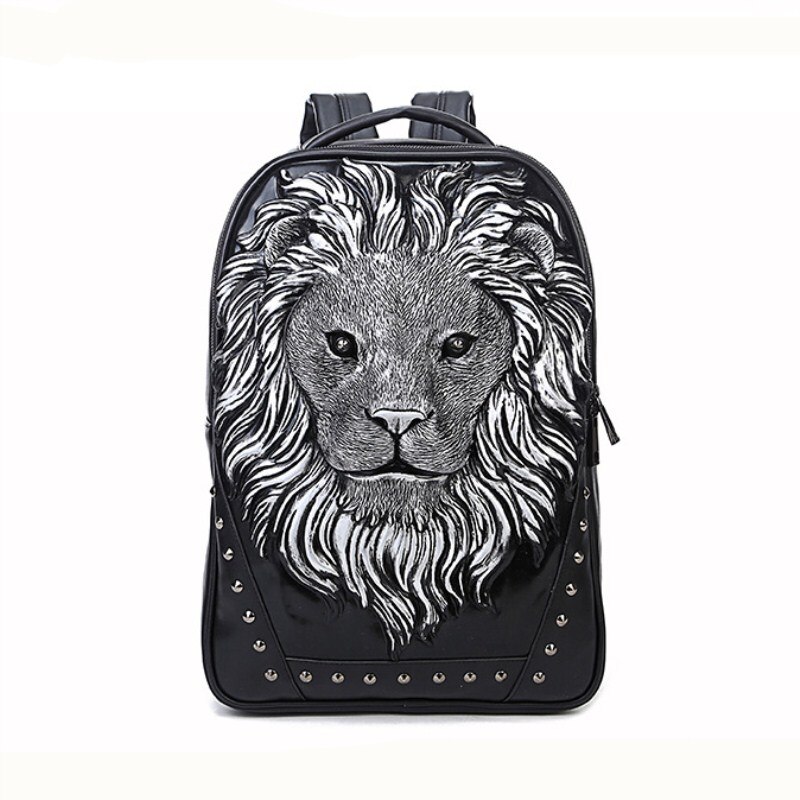 3D Pu punk backpack male animal lion head backpack cool travel computer bag Head PU Good: Silver
