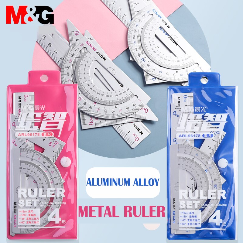 M&amp;G 4PCS/Set UV Aluminum Alloy Ruler Drawing Measurement Geometry Triangle Ruler straightedge Protractor A variety of rulers
