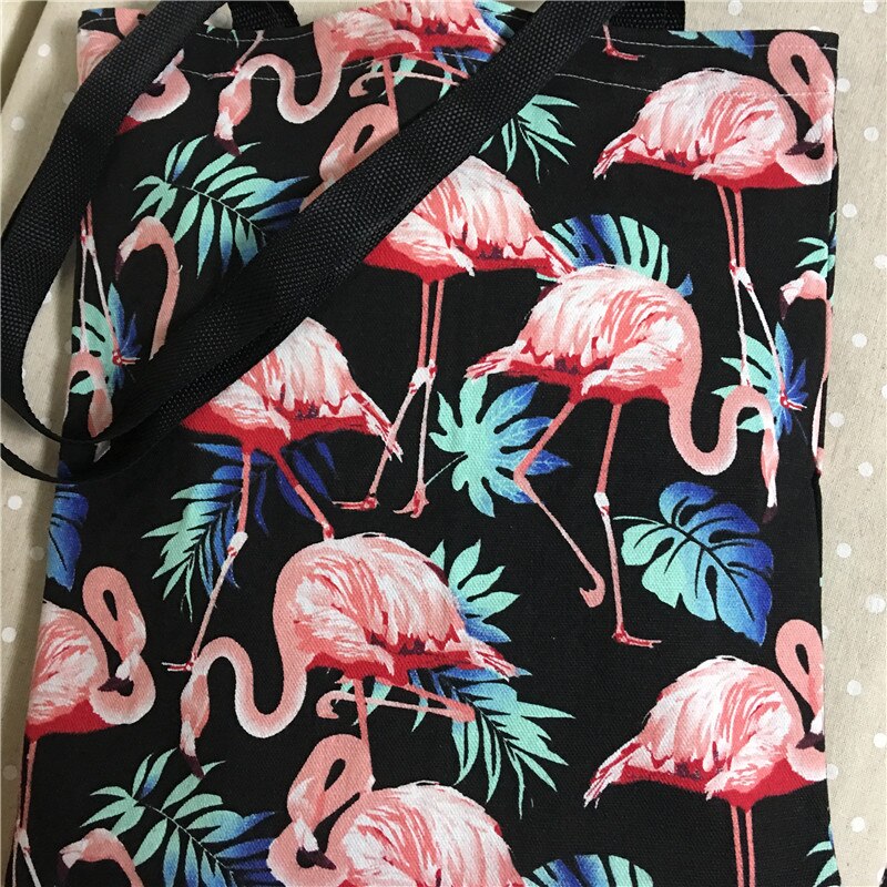 YILE Cotton Canvas Eco Shopping Tote Shoulder Bag Flamingo Green Leaf Black Polyester Strap L18 f