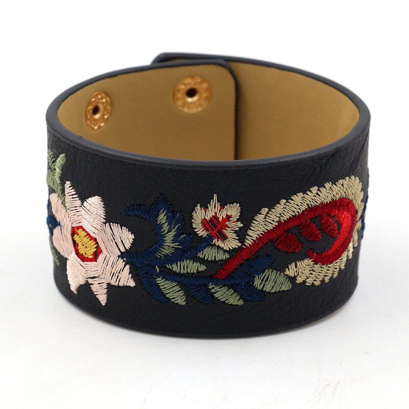 Rainbery Bohème Broderie Fleur Bracelet Manchette Féminine Large PU Cuir Bracelets & Bracelets Femmes Bijoux JB0470