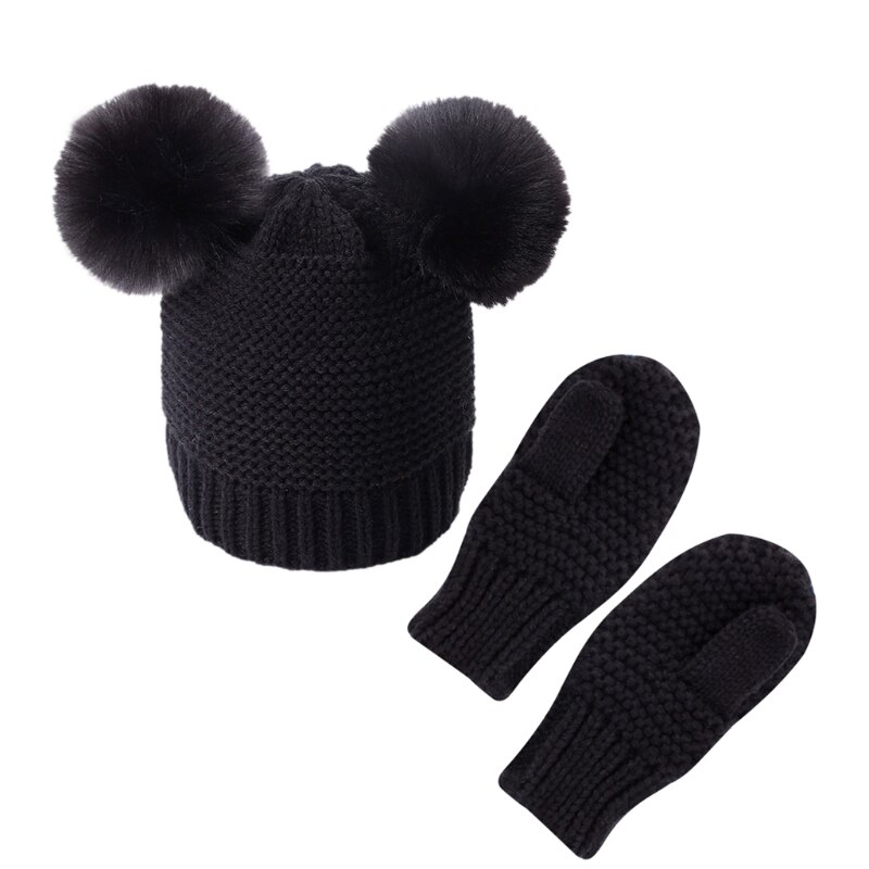 Unisex kinderen meisjes jongens baby baby winter warm gehaakt breien muts muts + wanten effen set baby handschoenen accessoires: Zwart