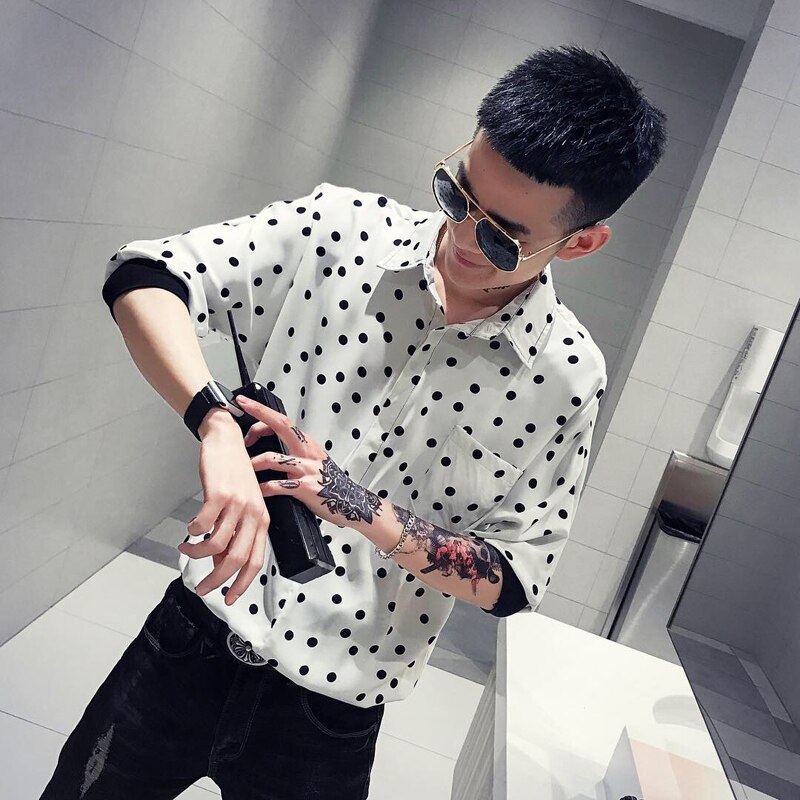 Summer Dress Shirt Men Slim Dot Print Casual Shirt Man Streetwear Trend Wild Short-sleeved Shirt Male Clothes M-2XL