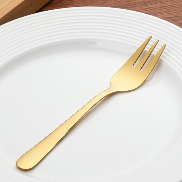 7 stk te gaffel sæt rustfrit stål lille frugt gaffel sæt guld dessert gaffel til kage snack guld salat gaffel servise sæt: Guld 7 stk