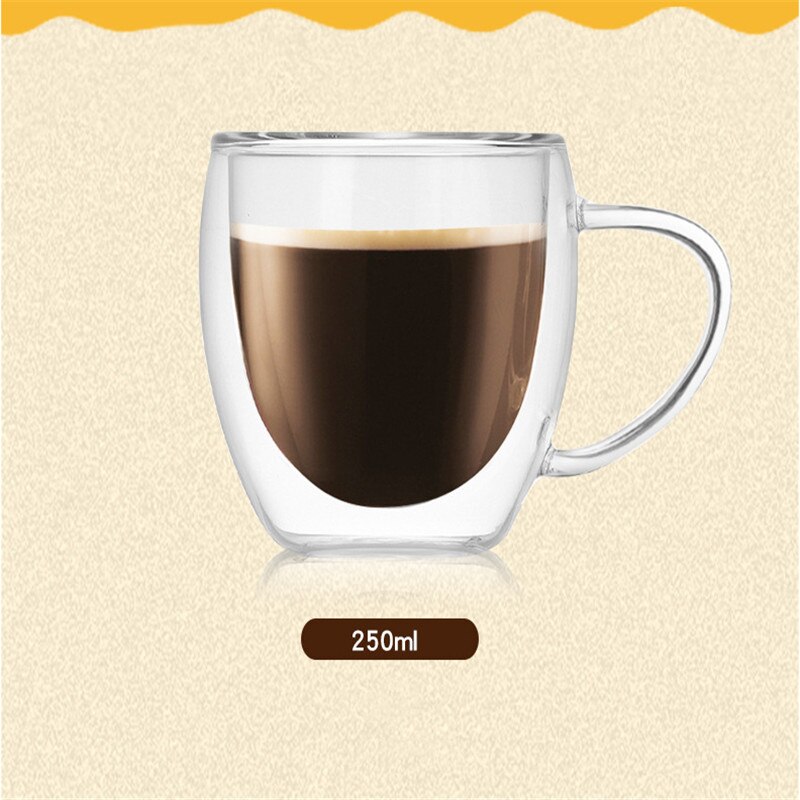 Dubbelwandige glazen koffie- en theekop, hittebestendige koffiekop met dubbele laag glas en handvat