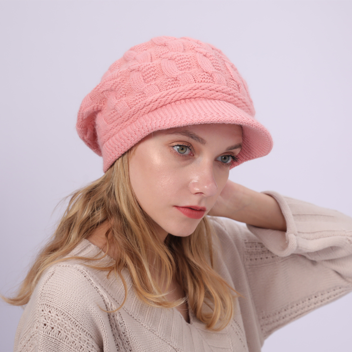 Autumn Winter Women Warm Beret Hats Knitted Berets Female Plush Beanies Hat Outdoor Lady Rabbit Wool Knit Flap Caps: Pink