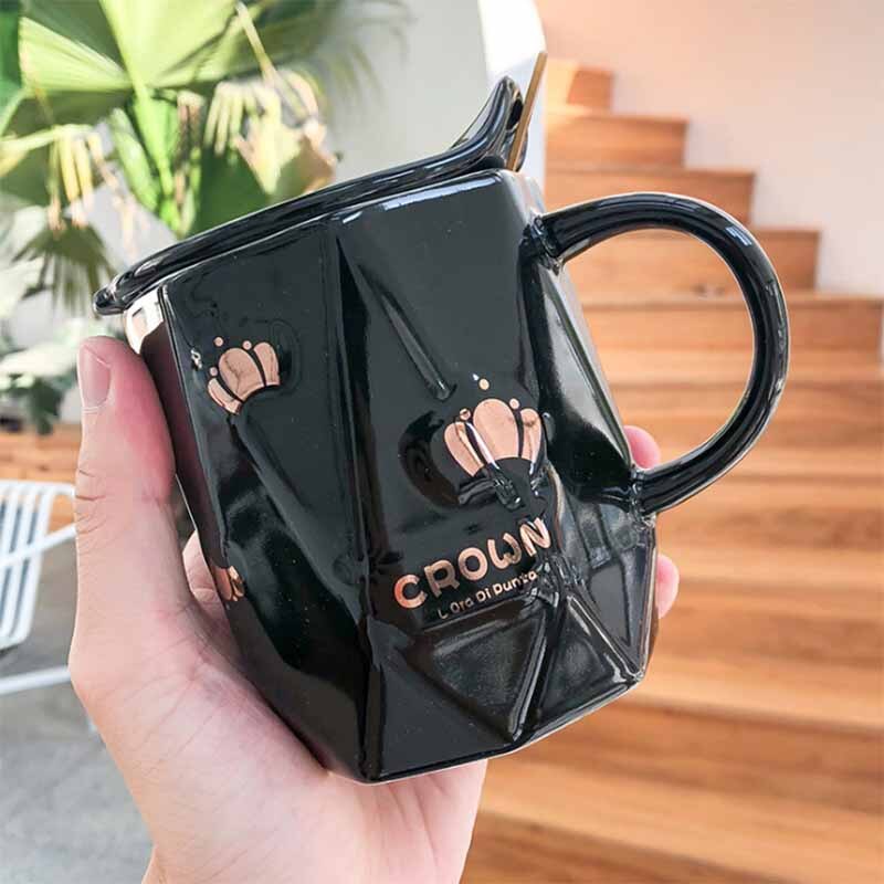 Porcelain mugs 400ml Spoon with lid porcelain mugs Multilateral Irregular Ceramic Cup Cup Business Office Tea Cup: Black