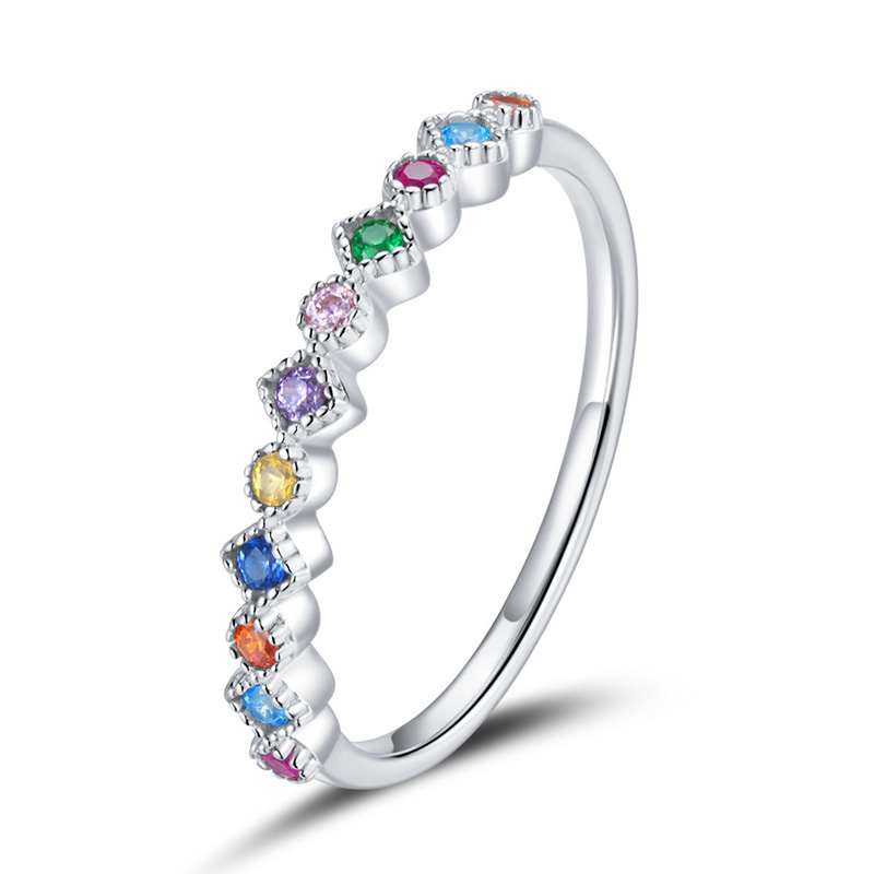 Bagues simples et fines pour femmes, rondes colorées en Zircon, couleur argent, anneau Pinky empilable, bijoux féminins, , KCR039: 7 / Black