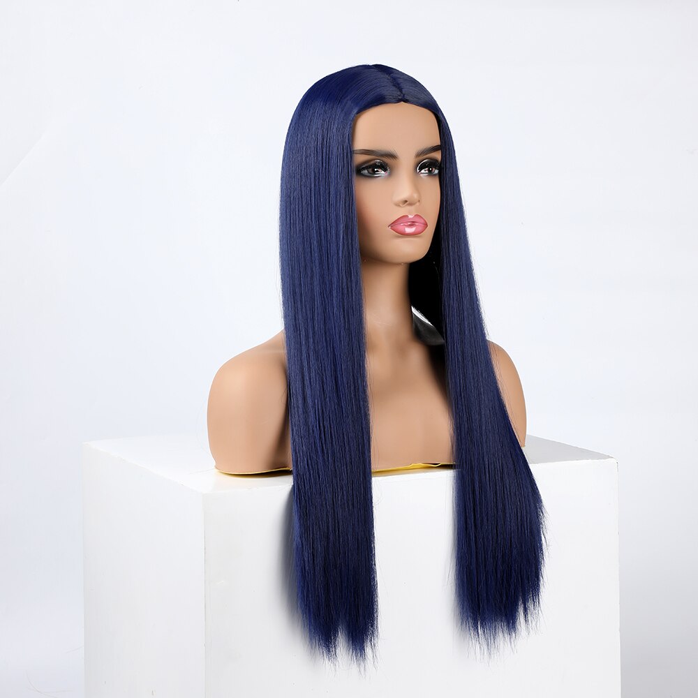 WHIMSICAL W-peluca larga de cabello azul oscuro sintético para mujer, color azul marino, resistente al calor, para Cosplay